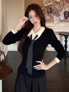 Women's 2 In 1 Casual Versatile Daily Wear Knit Top - Black - View 1