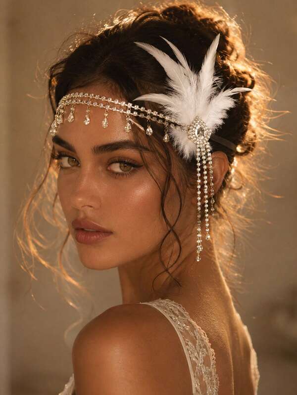 Women's 1920s Feather Headband With Water Drop Tassels, Flapper Forehead Ornament, Party Costume Ball Headpiece
