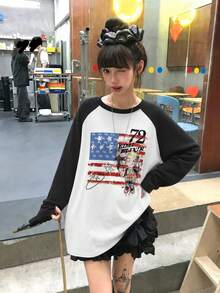 Women's Autumn New 1pc Petite Cartoon Print Versatile Casual Daily College Style Patchwork Long Sleeve Crew Neck Korean Style Top White - White - View 3