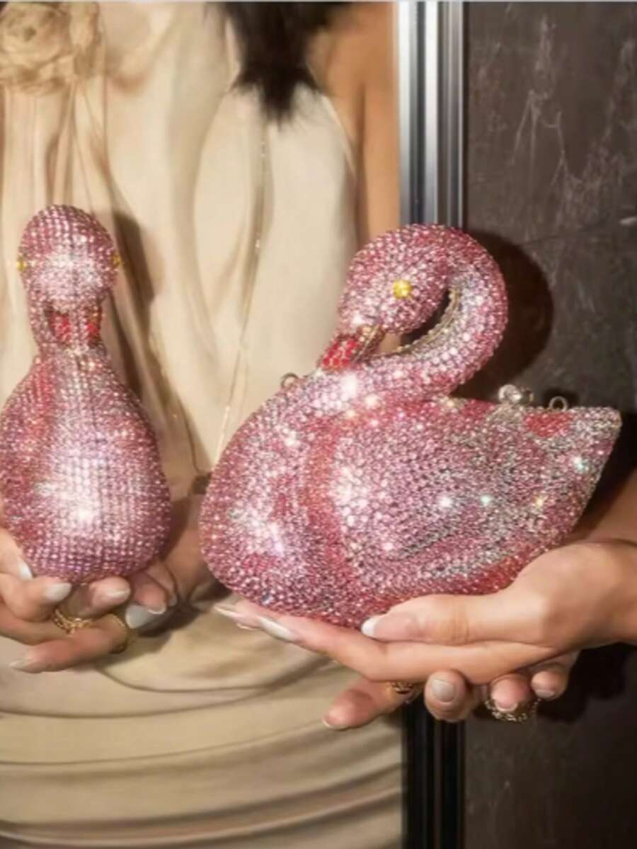 Swan Shaped Diamonds Evening Bags Gorgeous Sparkling Rhinestones Metallic Clutch Women Luxury Swan Rhinestone Evening Clutch Bridal Wedding Handbag - 粉色 - 查看 1