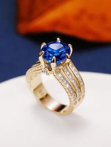 1 buah Cincin Wanita Bertema Kubik Zirkonia, Cocok untuk Pernikahan, Pertunangan, dan Hadiah Hari Valentine - Kuning keemasan + biru tua - View 3