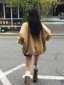 Korean Style Loose Zipper & Button Long Sleeve Jacket Streetwear - Khaki - View 5