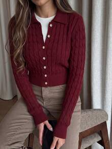 FOR BEAUTY Fall Winter French Chic Burgundy Cable Knit Lapel Collar Button Down Slim Fit Cardigan Sweater Tops Outerwear Women Work Outfits - Angolan Red - View 3