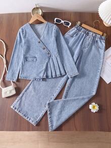 2pcs/Set Girls Denim Outfit, Asymmetrical Button Pleated Waist Long Sleeve Top With Elastic Waist Wide Leg Denim Pants, Spring/Autumn Fashion - Light Wash - View 1