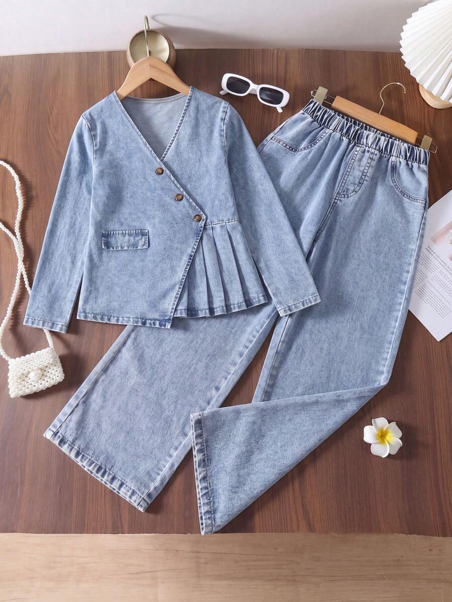 2pcs/Set Girls Denim Outfit, Asymmetrical Button Pleated Waist Long Sleeve Top With Elastic Waist Wide Leg Denim Pants, Spring/Autumn Fashion - Light Wash - View 1