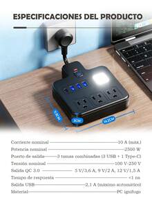 3-Outlet Power Strip With 3 USB Ports, Multifunction Power Strip, Surge Protector, 2500W Overload Protection, Suitable For Bedroom, Kitchen, Living Room, Office. - Black - View 11