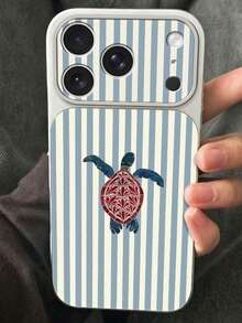 1pc Large Window Lychee Texture Striped Turtle Ocean Style Summer Fresh Color Minimalist Phone Case, White To Lychee Texture, Compatible With 13/14/15/16/17 PRO PROMAX PLUS And More Full Coverage Large Window Phone Case - Multicolor - View 3