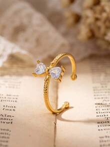 1pc Elegant Gold Bow Adjustable Ring For Women, Dainty CZ Crystal Open Ring, Sweet Cute Coquette Finger Jewelry Gift - Gold - View 5
