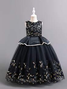 Tween Girl Sequin Puff Princess Dress For Holiday Party, Family Gathering, School Dance, Performance - Black - View 3