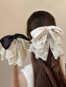 2pcs/1pc Elegant Solid Color Lace Hair Claw, Minimalist Satin Bow Hair Clip, Preppy Style Fashion Hair Accessory, Suitable For Women's Daily, Casual Wear And Outfit Matching - Multicolor - View 10