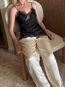 Women's Solid Color Lace Patchwork Hollow Out Asymmetrical Hem Vacation Style Camisole Tank Top Black Summer - Black - View 8