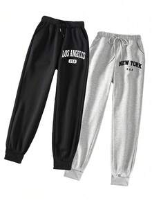2 Piezas Pantalones deportivos con estampado de letra de cintura con cordón talla grande - Gris oscuro 3 - Ver 1