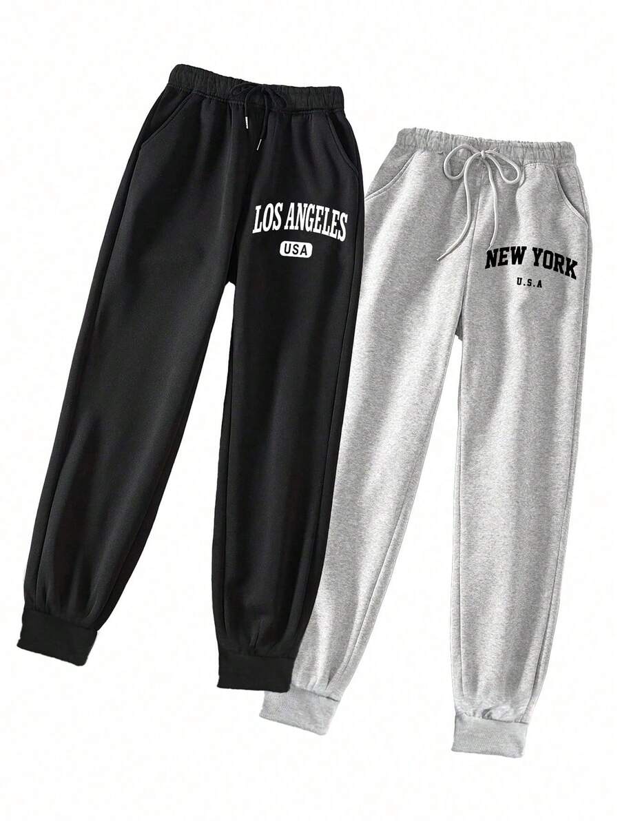 2 Piezas Pantalones deportivos con estampado de letra de cintura con cordón talla grande - Gris oscuro 3 - Ver 1