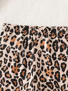 2pcs Baby Girls Autumn Leopard Print Bow Long Sleeve Sweatshirt Slim Fit Elastic Waist Leopard Print Leggings Children Spring Fashion Cute Set - Black - View 5