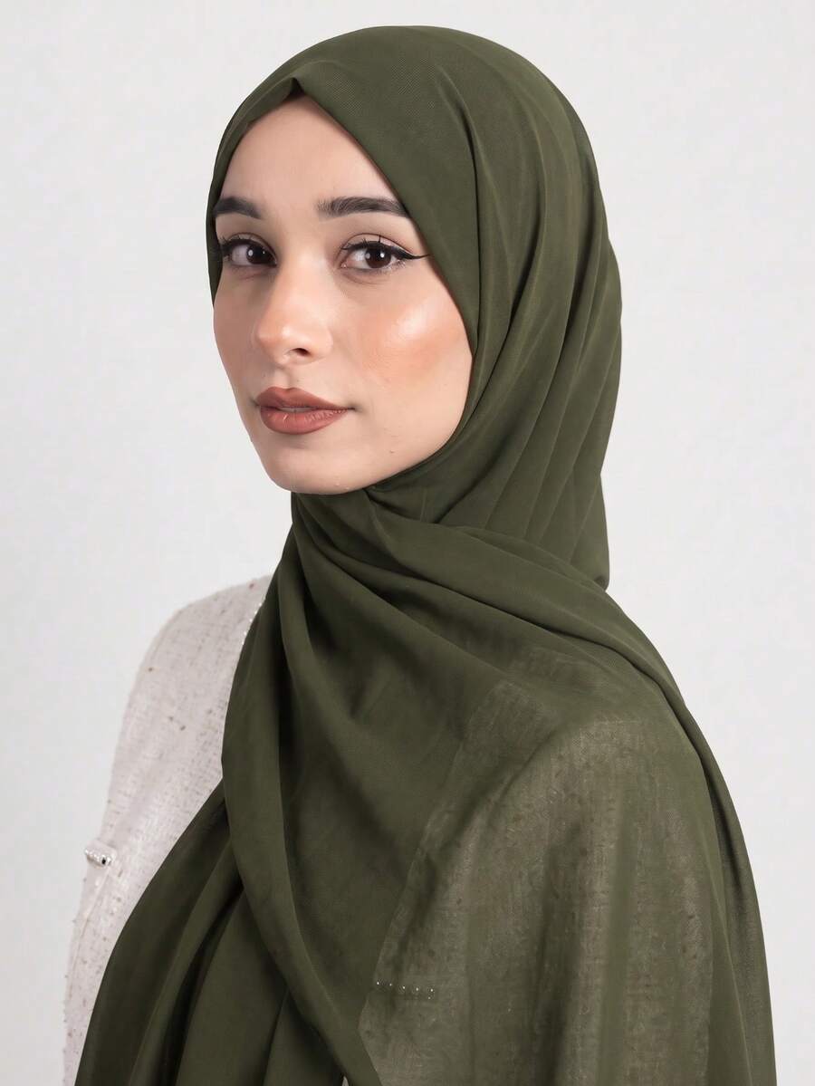1pc Women's Solid Color Pearl Chiffon Headscarf Arabic Casual Long Scarf Headwrap Suitable For Daily Use - Army Green - View 1