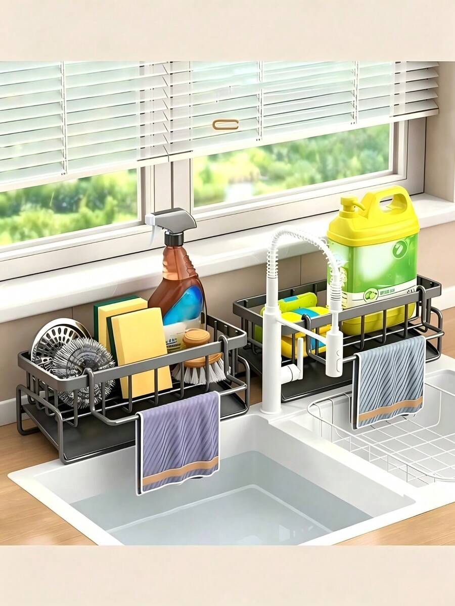 Kitchen Sink Drain Rack, Countertop Drain Rack, Scouring Pad, Steel Wool, Pot Lid Brush Storage Rack - Multicolor - View 1