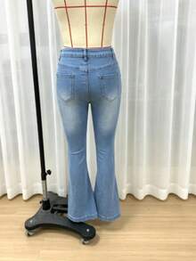 女款休閒百搭日常牛仔喇叭褲，附口袋與鈕扣設計 - 中等水洗藍 - 查看 2