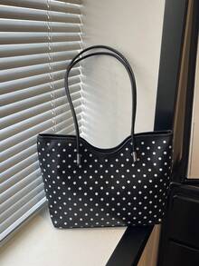 1pc Black Large Capacity Polka Dot PU Tote Bag Women's Shoulder Bag - Black - View 3