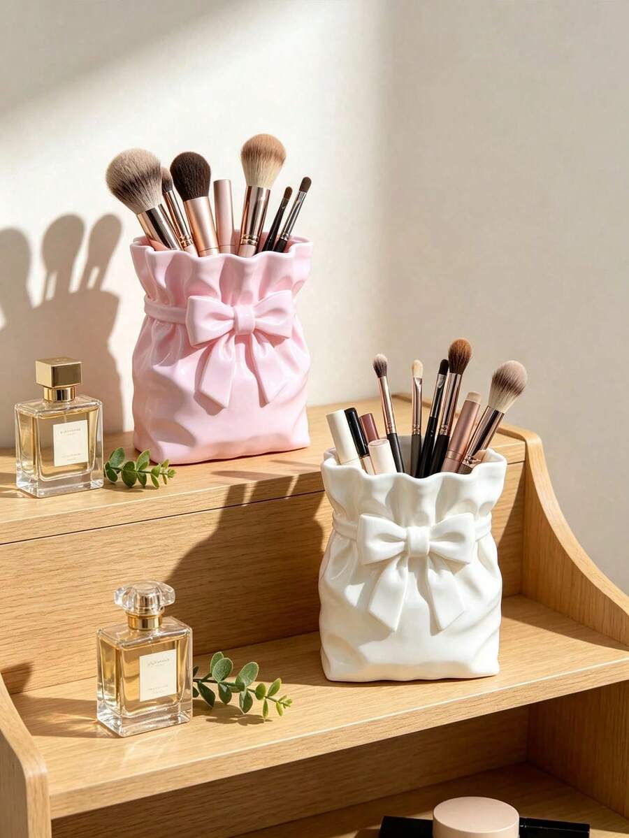 French Sweet Bow Makeup Brush Holder, Pink And White Color, Suitable For Vanity, Bathroom Countertop, Home Storage, Girly Style, Perfect Gift For Valentine's Day And Girls - Multicolor - View 1