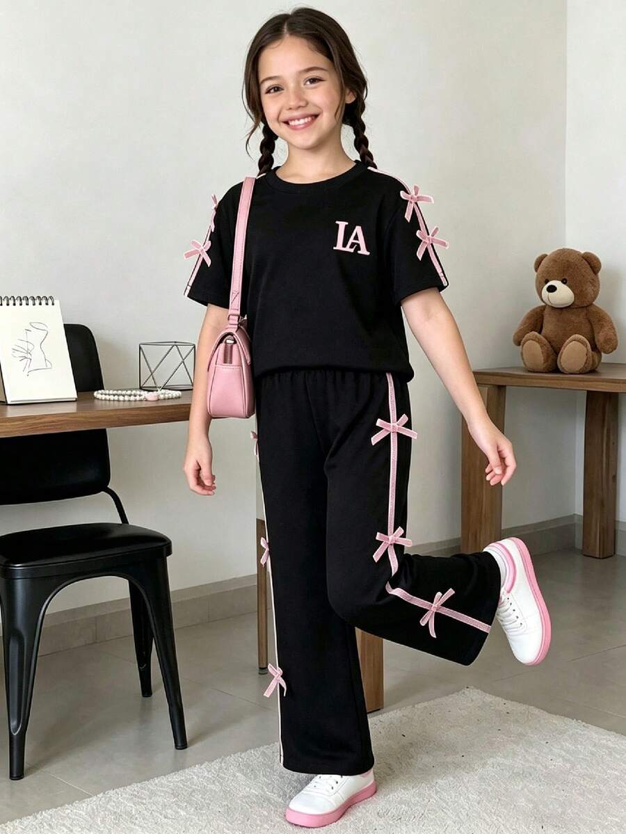 少女字母印花圆领短袖上衣和裤子套装 - 黑色 - 查看 1