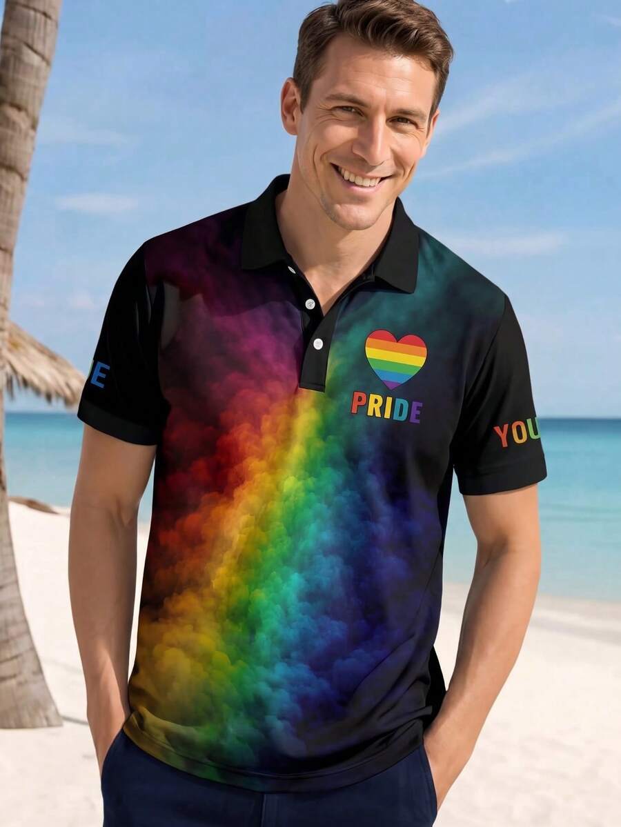 Men's Summer Rainbow Smoke Digital Print Short Sleeve T-Shirt - Multicolor - View 1