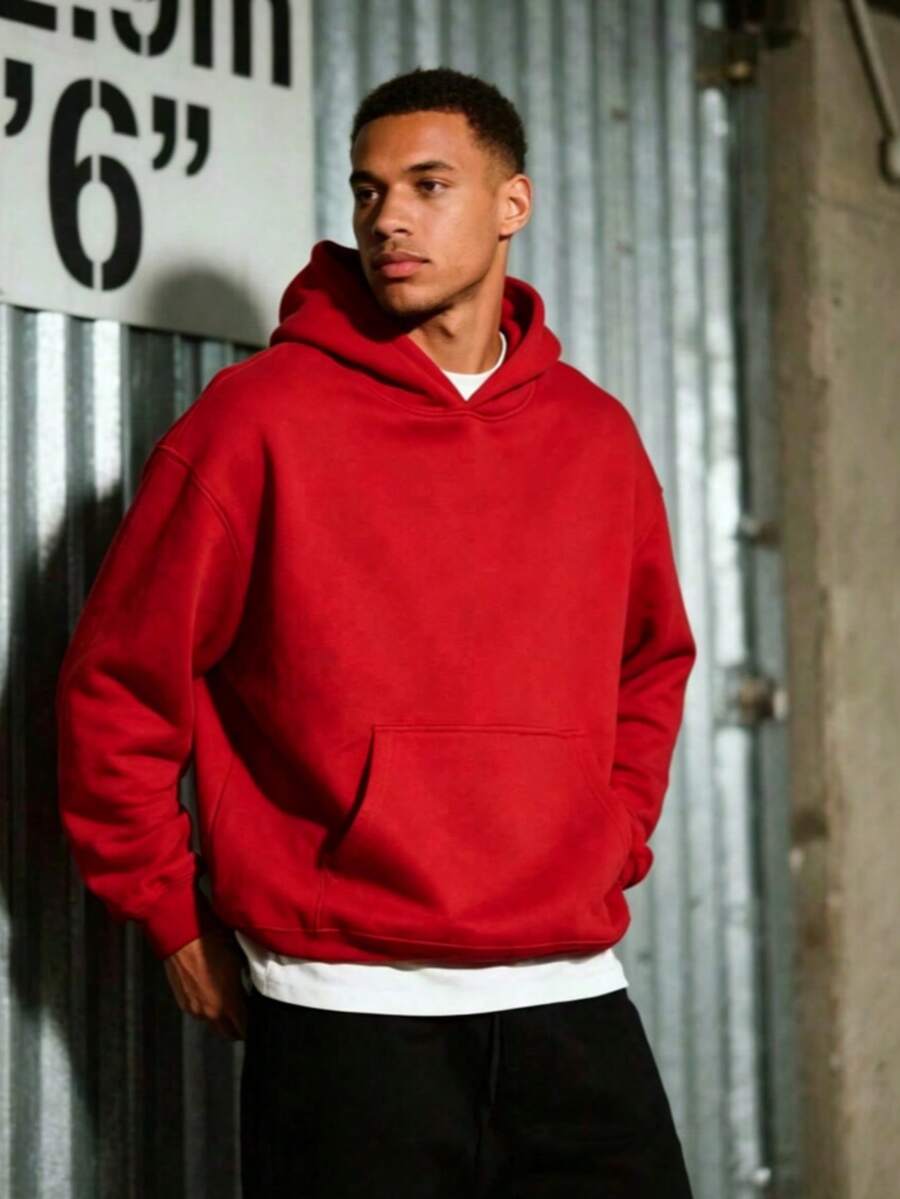 Men's Black Solid Color Drop Shoulder Long Sleeve Drawstring Pocket Casual Hoodie,Autumn/Winter,Suitable For Work, Daily Office Sports,And As A Gift - 紅色 - 查看 1