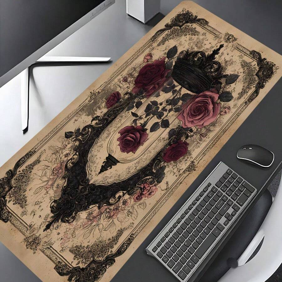 1pc Extra Large Vintage Old Paper Rose Crown Pattern Mouse Pad, With Anti-Slip Rubber Base And Stitched Soft Fabric Keyboard Mat. European Vintage Dark Tone Rose Classical Aesthetic With Anti-Slip Rubber Base And Stitched Soft Fabric Keyboard Mat, Suitable For Gaming, Home Office And Study Scenes. - View 1