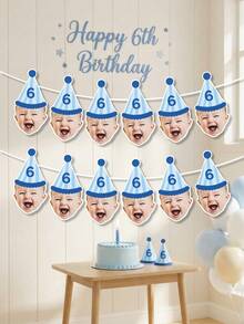 Custom Baby Photo Birthday Banner,Blue Stripe Party Hat Garland,First Birthday Party Supplies,One Year Old Baby Shower,Nursery Decor,Family Keepsake - Multicolor - View 4