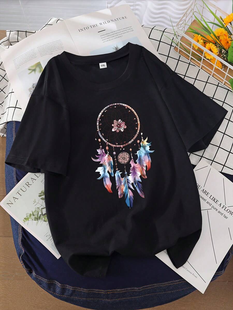Plus Size - Plus Size T-Shirt With Letter Print, Casual Top With Short Sleeves And Round Neck, Suitable For Summer And Spring Wear. - 黑色 - 查看 1