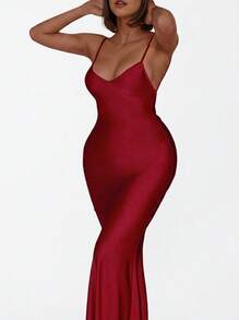 Blazique Women's Elegant Solid Color Backless Spaghetti Strap Cocktail Party Dress, Spring Summer Red Casual - Red - View 1