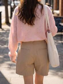 Cherry Blossom Pink Soft Fluffy Crew Neck Sweater, Loose Drop Shoulder Fit + Ribbed Hem, Autumn/Winter Gentle Style Slimming Versatile Skin-Friendly Knit Top - Pink - View 4