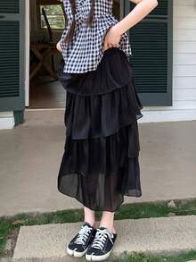 Women's Solid Color Pleated Casual Daily Skirt Black - Black - View 6