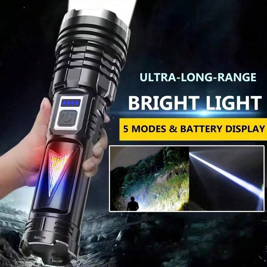 KENSUN 1pc High Power LED Flashlight, 2000 Lumens, With Display Screen, USB Rechargeable, Suitable For Camping, Fishing, Emergency Lighting, With Zoom Function, Camping Accessories