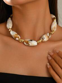 1pc Fashion Elegant All-Season New Multi-Color Geometric Irregular Plastic Beaded Necklace, Blue Fish, Faux Pearl, Faux Stone Beads, Round, Square, Triangle, Irregular, Multiple Styles Available, Suitable For Elegant Women To Match Any Outfit For Vacation, Party, Evening Banquet Jewelry, Bead Color And Pattern Random, Injection Mold Mark And Minor Flaws Are Normal - Multicolor - View 2