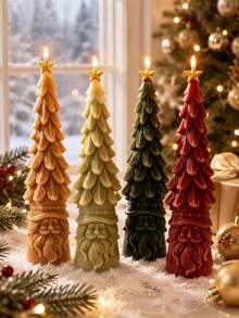 Moule à bougie en silicone 3D sapin de Noël haut avec base Père Noël, sapin pointu avec gaufrage de couche de feuilles, sommet étoile dorée et base barbe du Père Noël, silicone flexible anti-adhésif résistant à la chaleur, facile à démouler et à réutiliser, convient pour la cire de soja, la résine époxy, le plâtre, le savon, les loisirs créatifs DIY, la décoration de table de fenêtre d'hiver et les boîtes cadeaux de Noël faites à la main - Moule du Père Noël - Voir 8