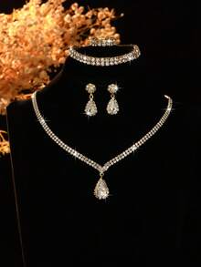 Juego de Joyas de Lujo Ligero con Strass de 5 Piezas: Collar, Pendientes, Pulsera y Anillo con Diseño de Lágrima, Adecuado para el Uso Diario de la Mujer, Bodas, Fiestas, Accesorios Elegantes, Modernos y Versátiles de Alta Gama - Multicolor - Ver 3