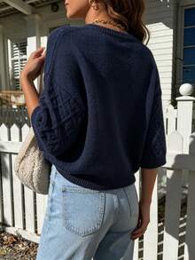 Sweater Rajut Pendek Longgar Leher V Warna Biru Tua Ukuran Plus untuk Wanita dengan Pola Tekstur Kabel Berlian, Lengan 3/4, Pakaian Musim Gugur Wanita - Royal Blue - View 5