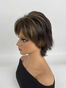 1pc High Temperature Fiber Elegant Fluffy Curly Short Hair Wig For Women, With Bangs, Rose Net Cap, Fashion Mixed Gold Brown Short Synthetic Wig - Brown - View 5