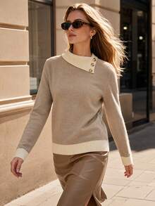 Colorblock Loose Fit Collared Elegant Women's Sweater, Autumn/Winter Fall - Apricot - View 2