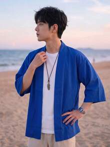 Men's Kimono Style Loose Fit Casual Open Front Kimono Shirt, 100% Polyester, Lightweight Breathable Flowy Fabric, Solid Color Versatile Single Layer, Thin Air Conditioning Top - Blue - View 5
