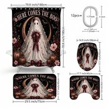 1pc/4pcs Rose Wedding Ghost Shower Curtain Set, Sweet & Cool Halloween Multi-Functional Bathroom Decor Shower Curtain Set, Free 12 Hooks, Premium Holiday Atmosphere, Bathroom Mat, U-Shaped Floor Mat And Round Toilet Lid Cover, Suitable For All Halloween Decor Scenes - Bridal Ghost - View 9