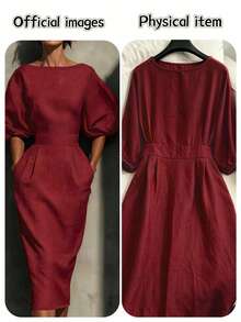 Elegant Casual Red Round Neck Short Sleeve Mid-Length Dress, Side Pockets, Fitted With Back Slit, Suitable For Party, Business Formal, Wedding, Daily Office Wear Summer - Burgundy - View 11