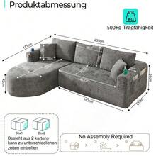 L-Shaped Corner Sofa As A Cloud Couch In A Self-Assembly Design With Heat-Resistant Stainless Steel Cup Holder And Breathable & Durable Linen Cover Including Clever Side Pockets And Armrests - Grey - View 2