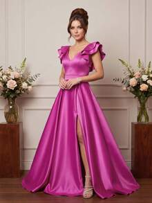 Grife Velasco Bridesmaid Dress Party Plain Long Elegant Graduation Slit Ruffle Sleeve - Rose Red - View 6