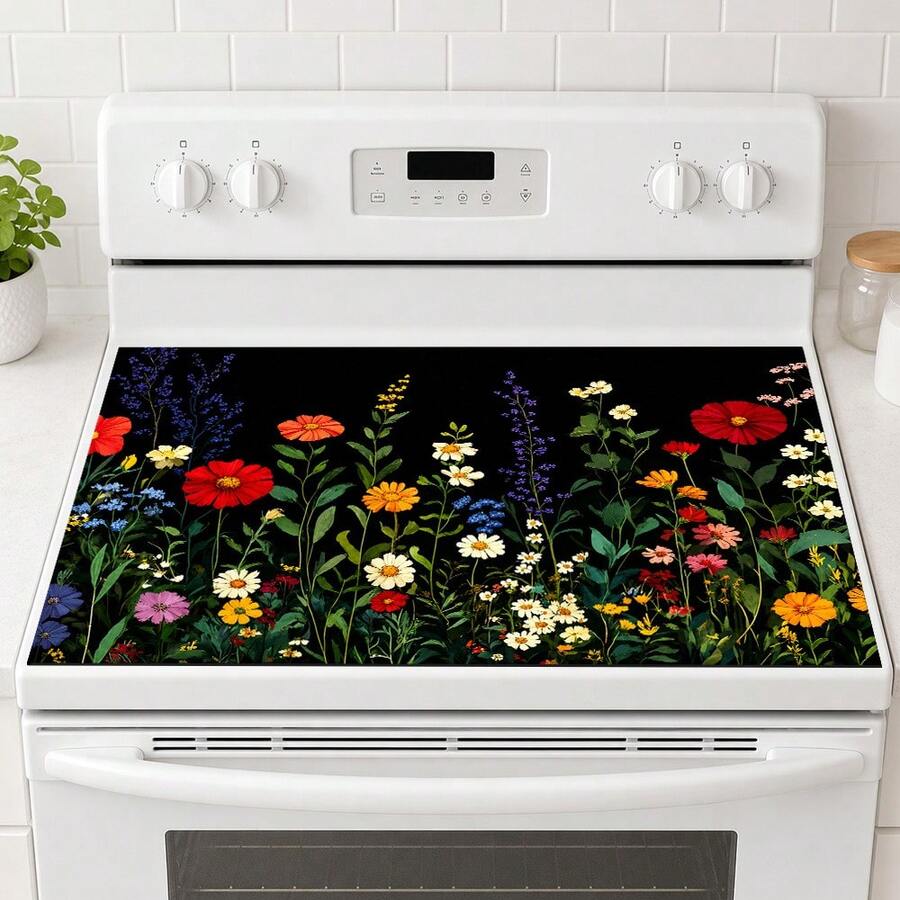 1pc Black Background Colorful Wildflower Print Diatomaceous Earth Kitchen Drain Mat, Absorbent Quick-Drying Non-Slip Coffee Machine Mat, Suitable For Kitchen Countertop, Dining Table And Coffee Corner Decoration - Multicolor - View 1