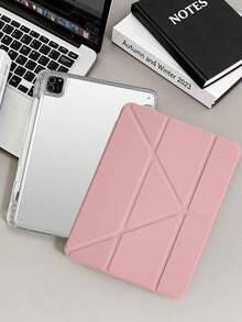 1件透明壓克力 Y-Fold 豆沙粉平板保護殼，相容 iPad Mini6/7/Air/Air2/9.7/10.2/10.5/10.9 (Air4-Air8)/Pro 11/10th Gen/A16/Pro 11 2024，全透明壓克力背殼，絲綢質感 8-Fold 翻蓋，可調支架，自動休眠/喚醒，內建筆槽，不含筆，部分機型附相機框 - 豆沙粉 - 查看 3