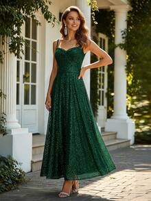 HOMEYEE Women's Sequin Long A-Line Evening Gown, Romantic And Charming Backless Tie-Back Elegant Formal Ball Dress - Dark Green - View 4