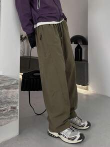 Plus Size Men's Functional Straight Leg Cargo Pants, Drawstring Elastic Waist, Zipper Pockets, Outdoor Hiking Casual Pants - Brown - View 5