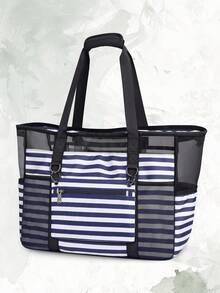 Large Capacity Beach Tote Bag For Women, Mesh Sandproof Travel Bag With Removable Pouch & Multi Storage Pockets - Multicolor - View 10
