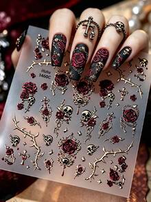 Red Rose Skull & Thorns 5D Embossed Nail Stickers, Dark Gothic Blood Red Rose & Cross Subculture Cool Spicy Long Wearable Nail Decor - Multicolor - View 3